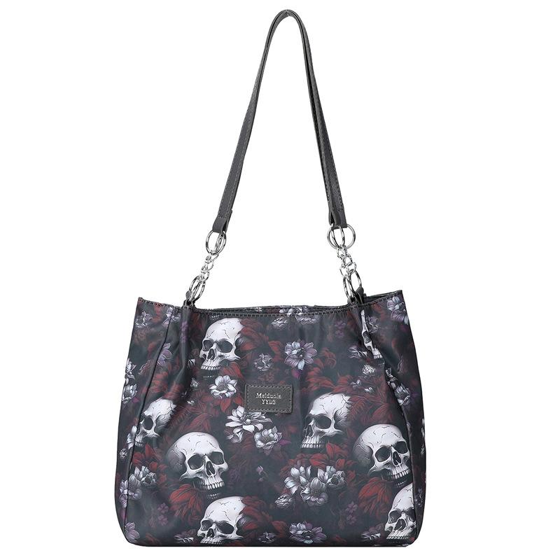 Large capacity gothic skull print tote bag versatile simple fashion shoulder bag