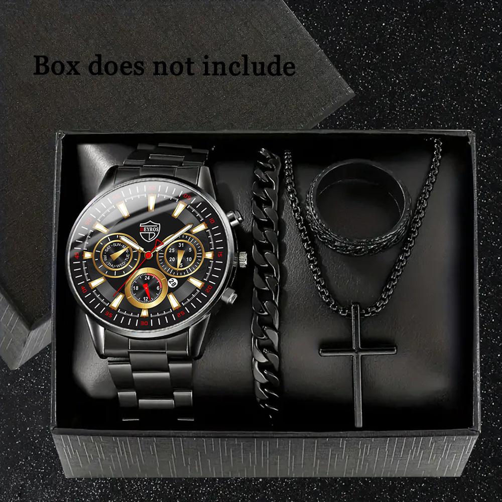 Men's 4-Piece Fashion Watch Set with Quartz Movement: Alloy Case, Stainless Steel Strap, Date Feature, Includes Watch, Bracelet, Cross Necklace, Ring