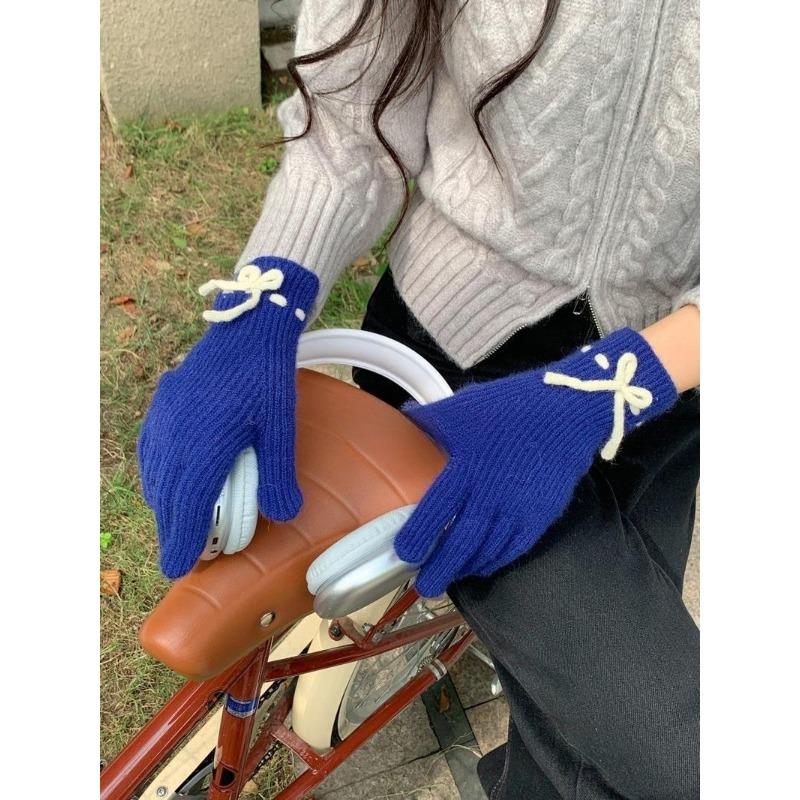 Student Cycling Gloves Autumn and Winter Cute Bow Knitted Gloves Female Students Split Finger Fingerless Gloves Autumn and Winter Warm