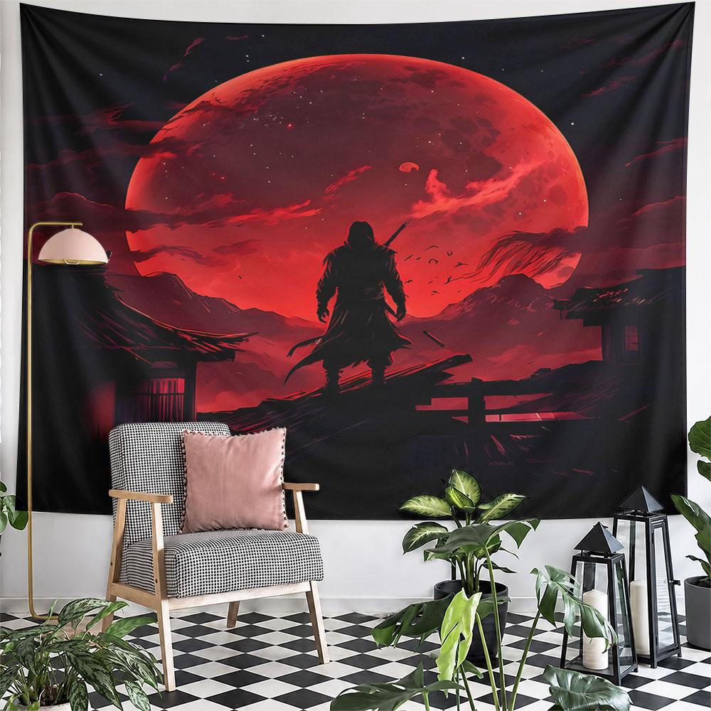 Samurai Silhouette Under Red Moon Pattern Wall Hanging Tapestry Decorative Tapestry Home Decor for Bedroom and Living Room