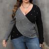 Damenmode Große Größe Kontrastfarben Patchwork Tiefes V Kreuz Perlenpullover