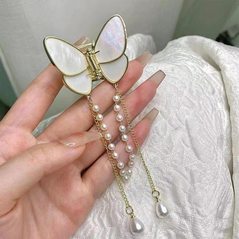 Exquisite Rhinestone Butterfly Fringe Hair Claw Korean New Ponytail Braid Pearl Hair Clip Girl Crab Metal Headdress Gift