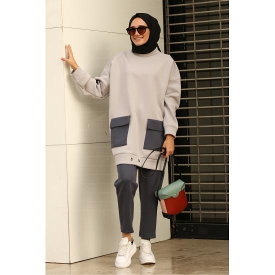 Costume islamice pentru femei, cu buzunar supradimensionat, cu talie elastică, hijab, costum casual și confort