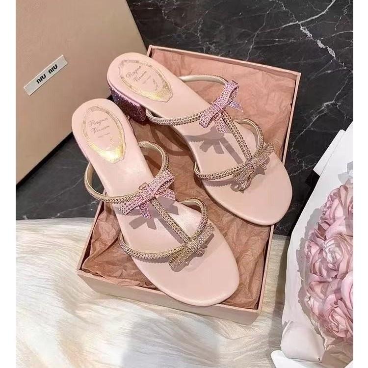 

Summer new thick heel rhinestone bow outside wearing cool slippers women 40 розовый