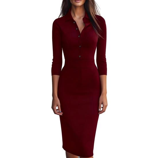 

Women s Fall Long Sleeve Bodycon Work Dress Lapel Button Up Formal Dress Midi Business Office Sheath Pencil Dress S вина червоного кольору
