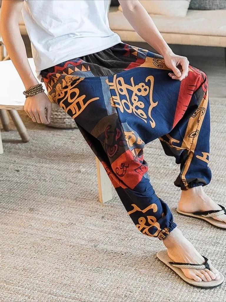 Ethnic Style Men's Polyester Casual Pants with Vintage Patterns Relaxed Fit Elastic Waistband Ankle-Cuff Design Comfortable Pants for All Seasons