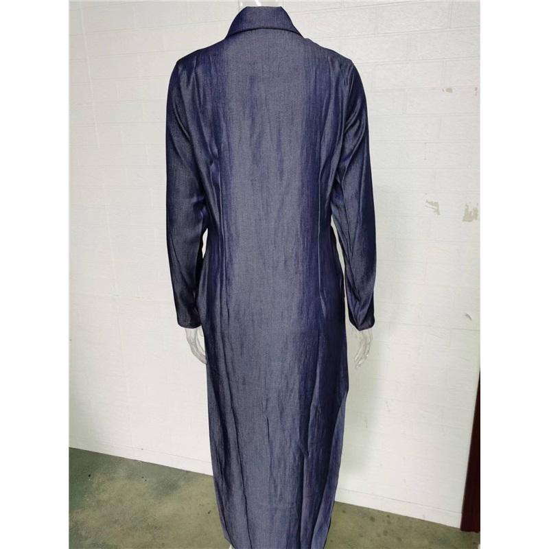 Women's Denim Maxi Dress Tencel Linen Cotton Blend Polo Collar Button Down Long Sleeve Casual Dress With Pockets