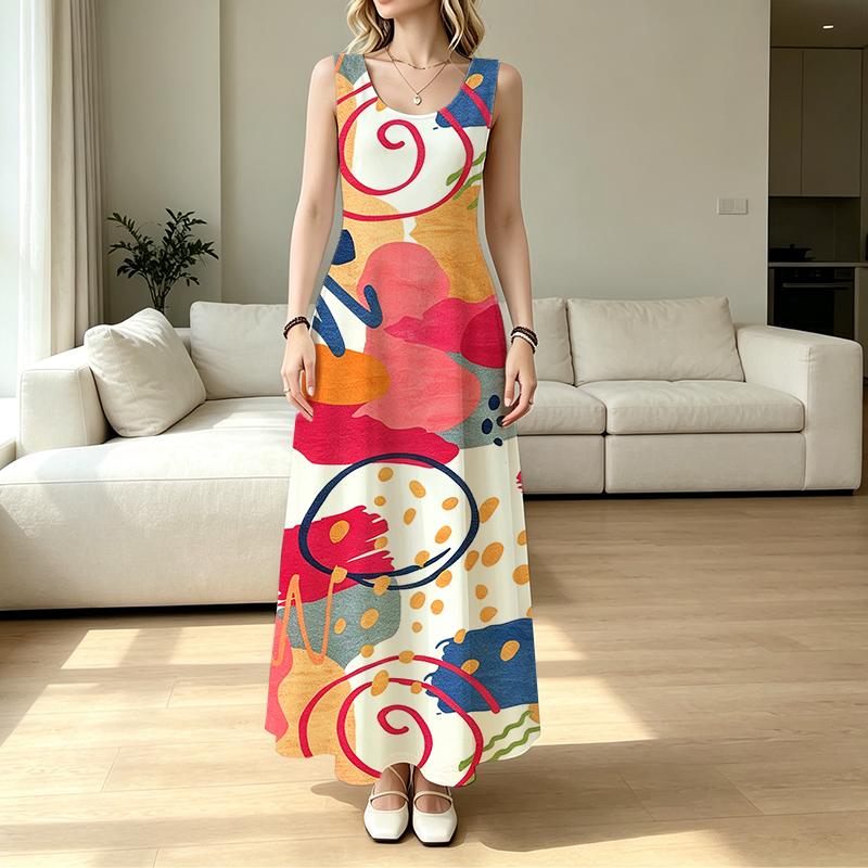 Women's Abstract Art Beach Maxi Dress Sleeveless,Colorful,Flowy Hem,Soft Fabric,Flattering for Vacations,Photoshoots,Casual Everyday Wear,Versatile