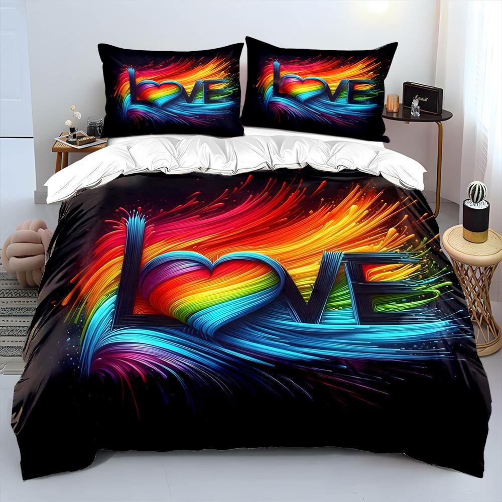 Rainbow Heart-Shaped Art Letters Bedding Set For Kids Luxury Gift 3Pcs Digital Print Comforter Set Soft Comfortable Breathable