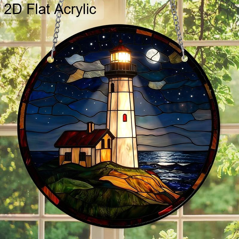 Acryl-Nachtleuchtturm am Meer Sonnenschutz, Fensterbehang im Buntglasstil für Liebhaber von Nautik und Ozean
