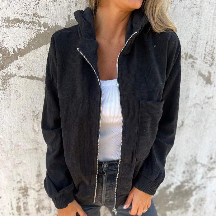 Women's Corduroy Hooded Jacket - Minimalist European & American Style for Spring & Autumn