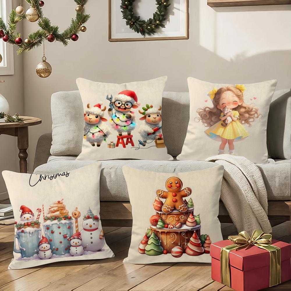 Christmas Cute Family Decorations Third Pillow Case Silky Short Plush With Invisible Zipper Dustproof Sofa Cushion Cover