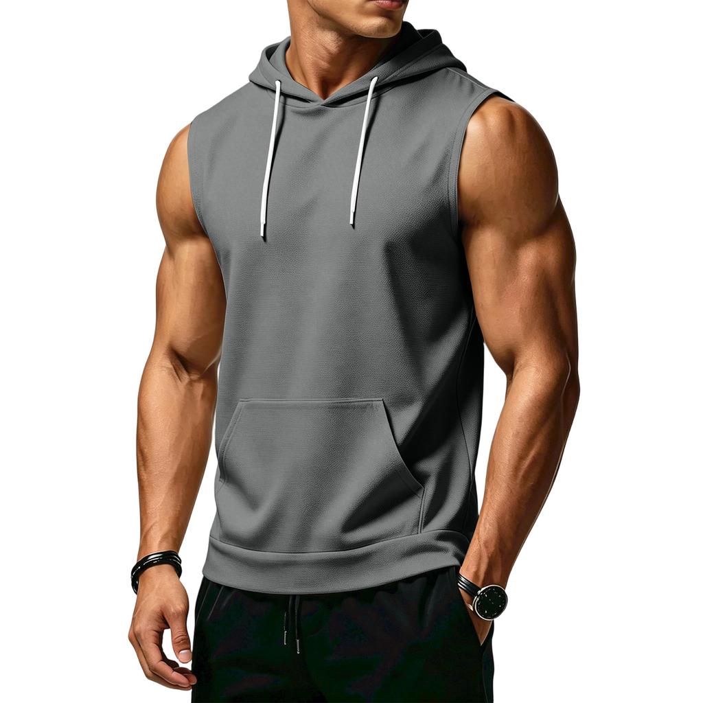Men's Sleeveless Hoodie Casual Sportswear Muscle Fit Wide Shoulder Drawstring Hooded Pocket Tank Top