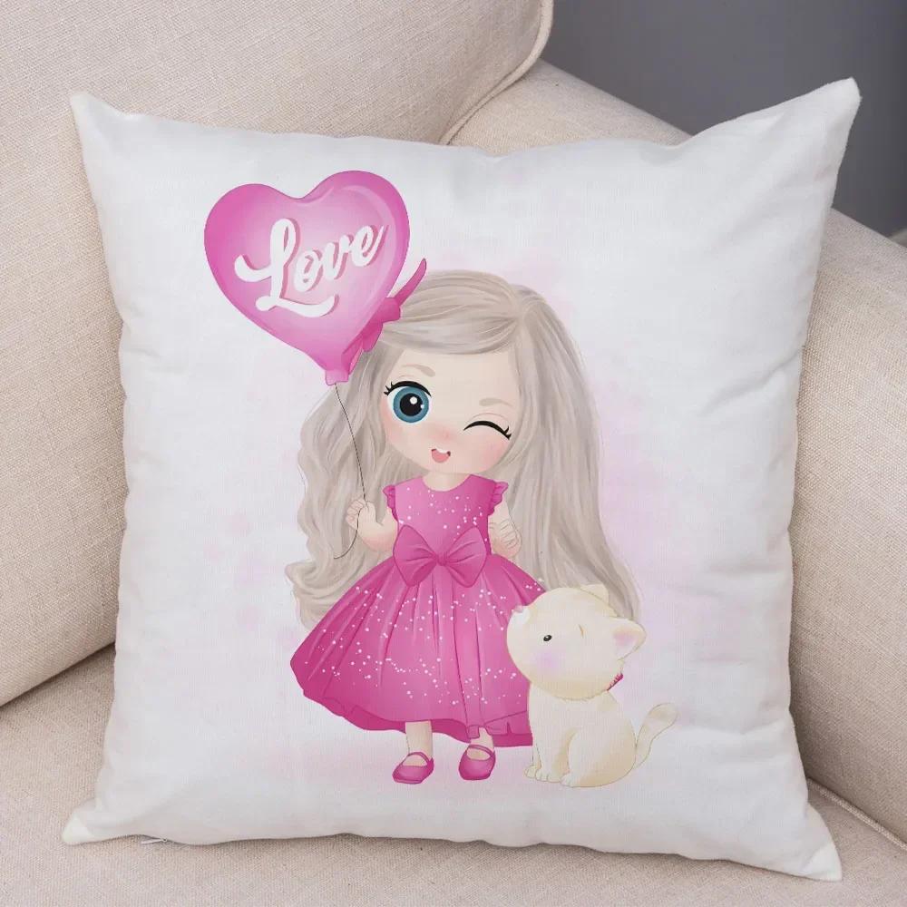 Cute Cartoon Girl and Cat Cushion Cover for Children Room Sofa Home Car Decor Lovely Child Pillow Case Plush Pillowcase 45x45cm