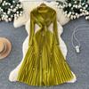 Commuter style lapel bead long-sleeved dress women's waist pleated skirt high-end celebrity elegant gentle wind long dress