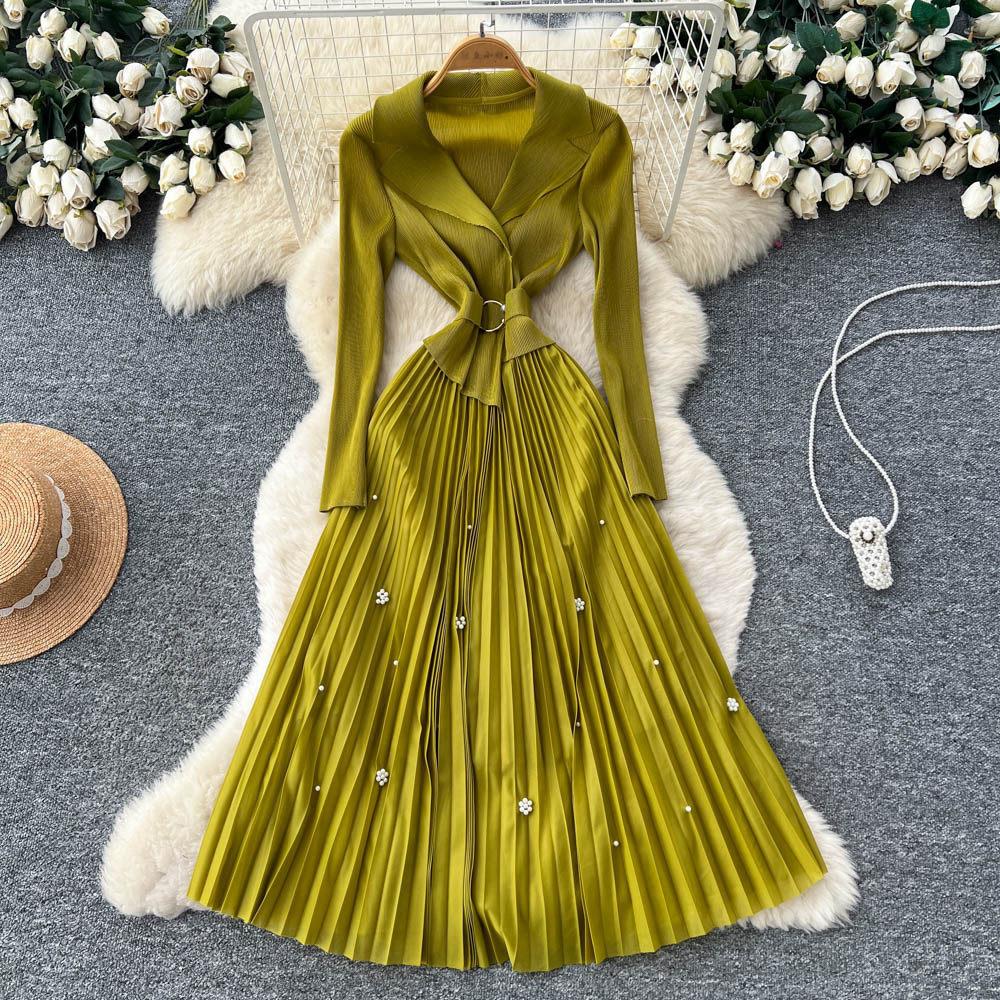 Commuter style lapel bead long-sleeved dress women's waist pleated skirt high-end celebrity elegant gentle wind long dress