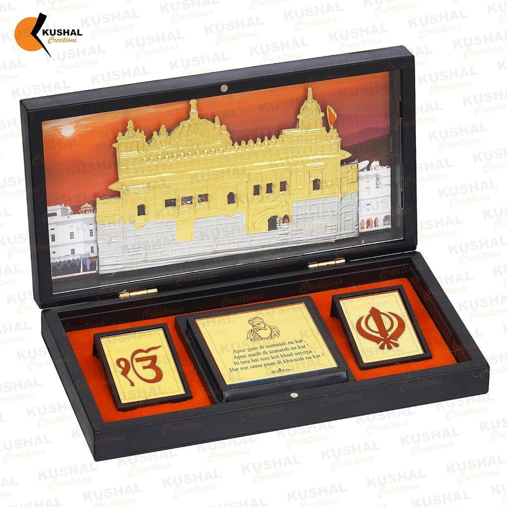 24K Gold Plated Religious Frame Rectangular Photo Frame Tabletop with Charan Paduka Return Gifts for Home Puja Office (GOLDEN TEMPALE)