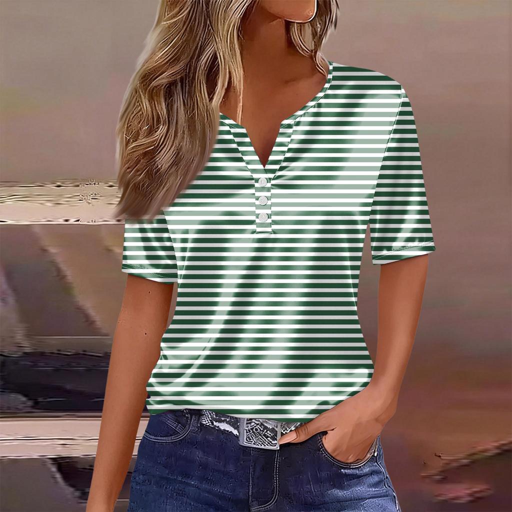 Damesmode Casual Gestreept Print Kraag Korte Mouw Knopen T-shirt