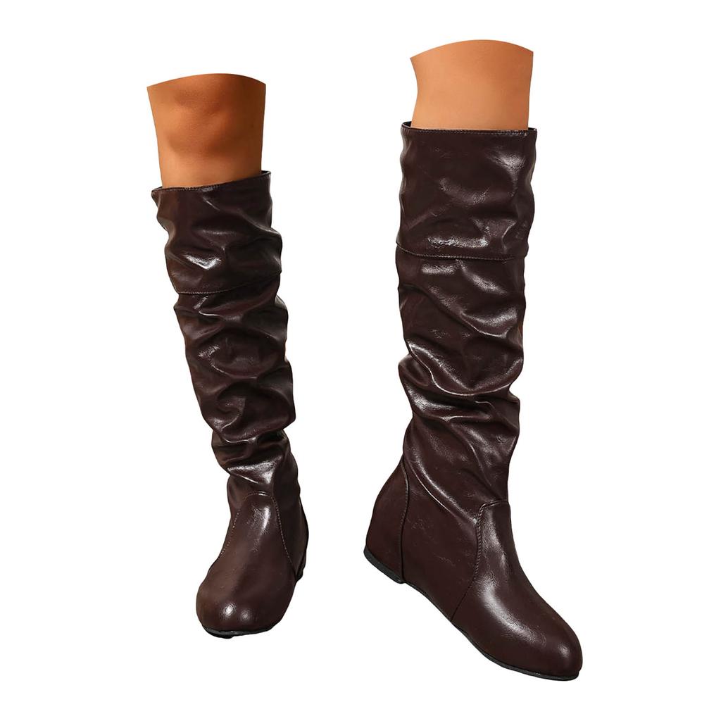 Damen kniehohe Keilstiefel Damen kniehohe Stiefel Runde Spitze Weite Wade zum Hineinschlüpfen Klobige Reitstiefel Für Schuhe Für Damen