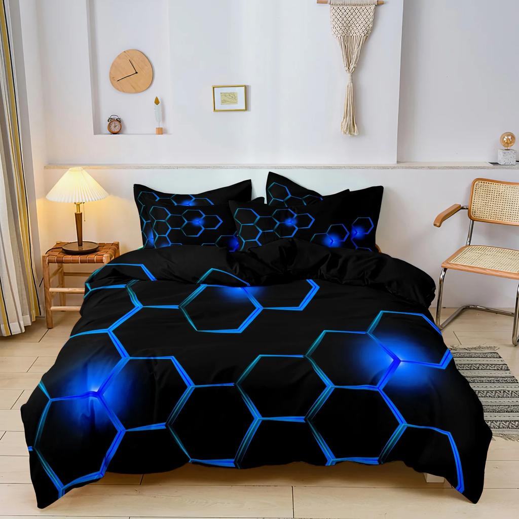 3 Pieces Geometric Bedding Set 3D Hexagonal Honeycomb Pattern Duvet Cover Set Digital Print Polyester Fabric Design Pattern