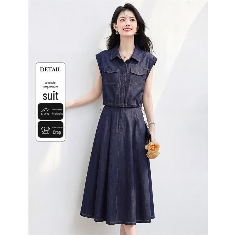 Denim Two-Piece Shirt and Skirt Set L