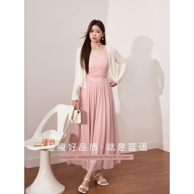 Lanyu Plus Size Women's Clothing European Style Slimming Strap Dress Lightweight Breathable Cardigan Summer Stunning Two-Piece Set