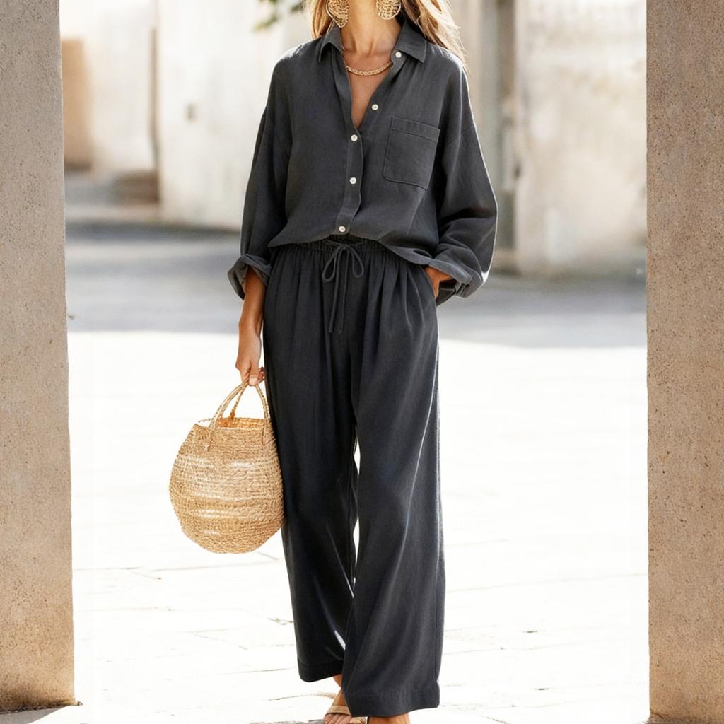 Fashion Women's Color Set, Women's Imitation Cotton And Linen Loose Long Sleeved Top Set, Women's