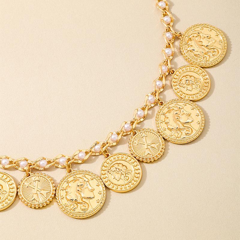 Meier Vintage Court Banquet Style Heavy Metal Gold Chunky Chain Necklace with Coin Pendant for Women