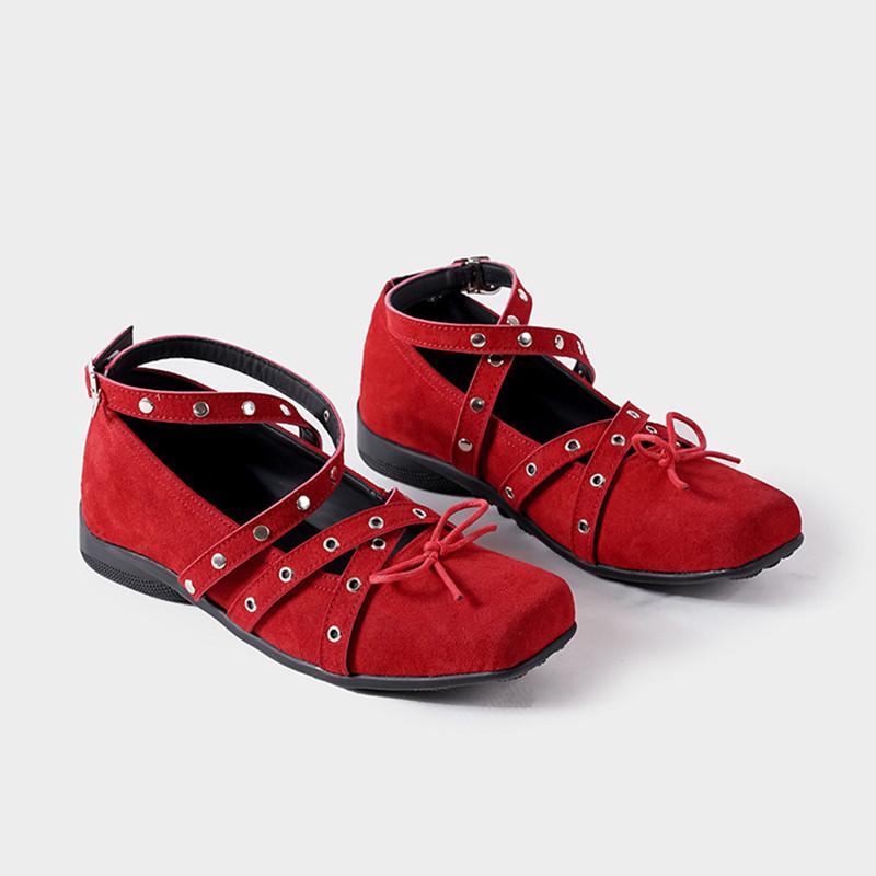Spring Autumn Rivet Strap Buckle Faux Suede Bowknot Women Ballet Flats Mary Janes Walking Loafers Casual Girls Shoes