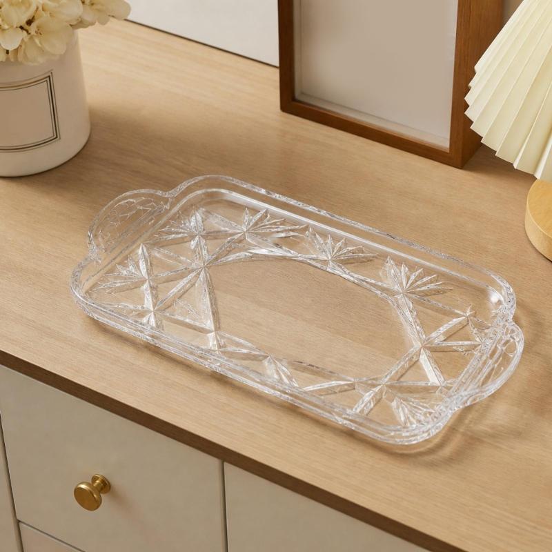 Rectangular Crystal Serving Tray Platter Decorative Tray with a Clear Body, Faceted Pattern and Raised Border for Arranging and Presenting Household