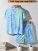 Boys Summer New Outdoor Casual Fashion Round Neck Tie Dye Short Sleeve Sports T-Shirt with Comfortable Shorts Daily Wear