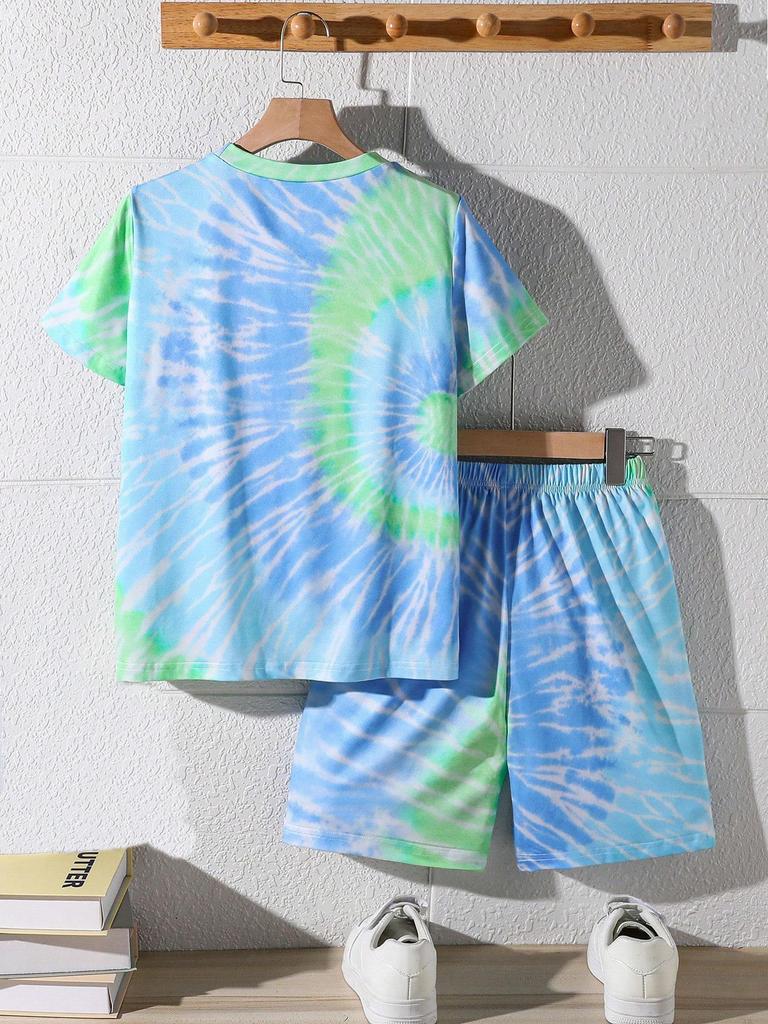 Boys Summer New Outdoor Casual Fashion Round Neck Tie Dye Short Sleeve Sports T-Shirt with Comfortable Shorts Daily Wear