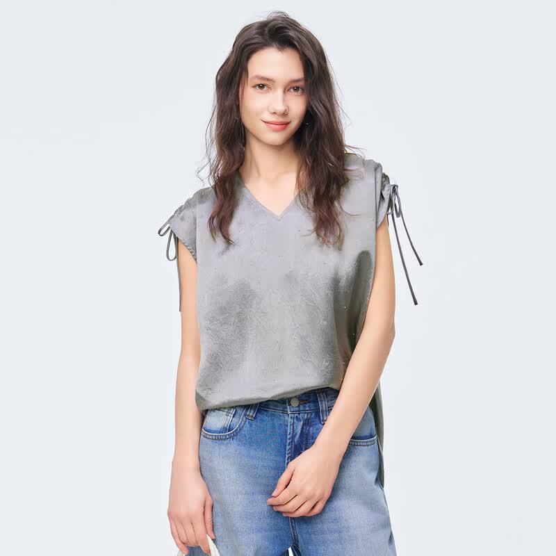 Women s V-Neck Ruched Sleeve Short-Sleeve Top S