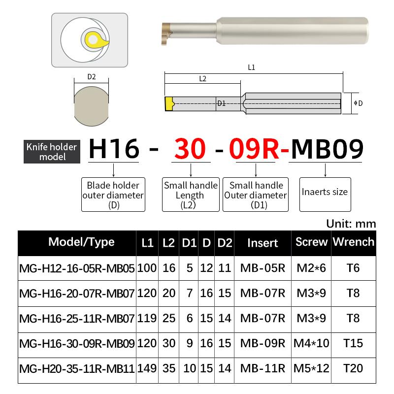 Small Grooving Cutter Bar Internal Holder MG-H12 H16 H20 Small Hole Deep Hole Comma Inserts MB-05R 07R 09R 11R Turning Tool CNC