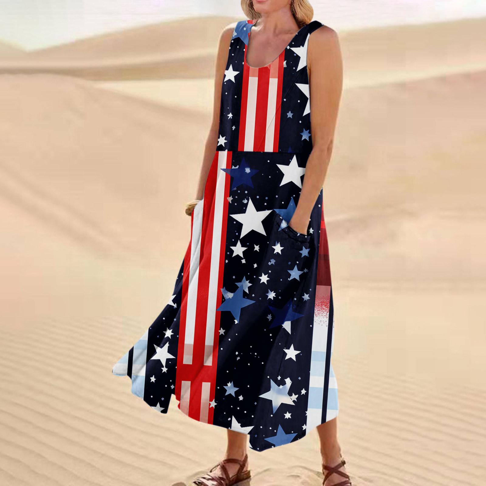 

Женское модное повседневное платье без рукавов с принтом «День независимости» из хлопка и льна с карманами XXL