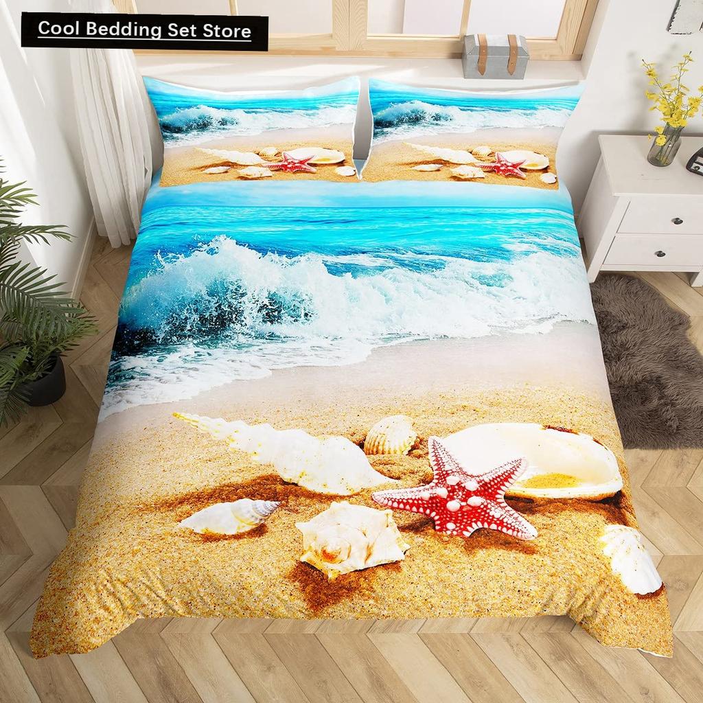 Beach Starfish Seashell King Queen Duvet Cover White Ocean Creatures Bedding Set Hawaii Quilt Cover Polyester Comforter Cover