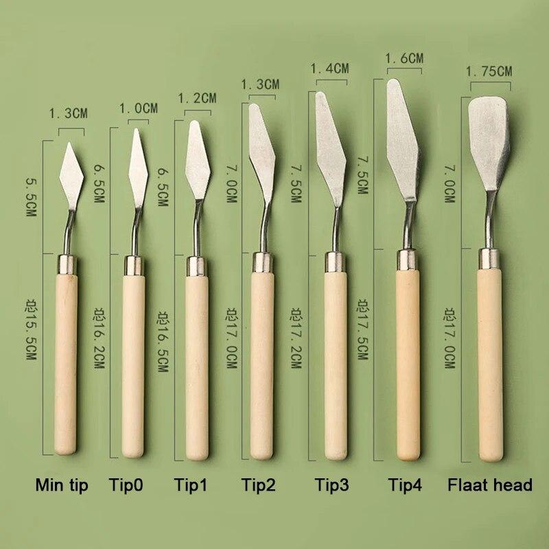 7pcs/set Art Oil Painting Scraper Wooden Flat Head Stainless Steel Pick Knife Gouache Paint Pointed Color Mixing Spatula Tools
