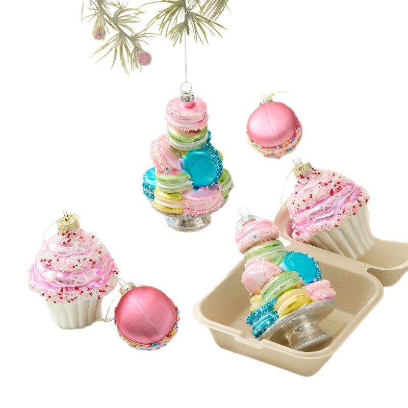 Uniquely Shaped Glass Christmas Ball - Macaron Cake Painted Ornament for Tree Decoration Colorful Holiday Decor