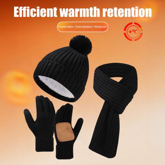 3Pcs/Set Winter Hat Scarf Gloves Set Solid Color Thickened Warm Plush Lining Elastic Brimless