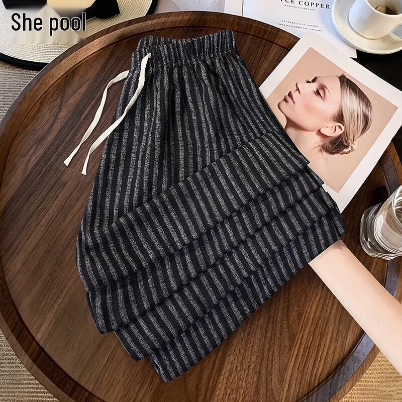 Women s Striped Drawstring Elastic Waist Wide-Leg Trousers One Size