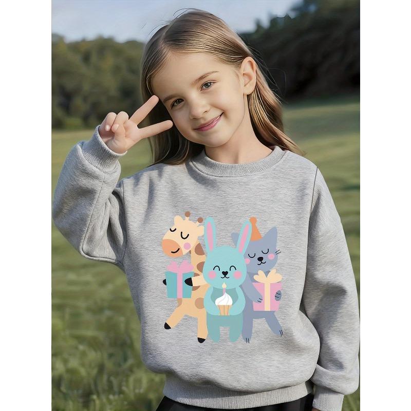 Kids Crewneck Long Sleeve Sweatshirt, Cute Pet Party Cartoon Print with Giraffe, Blue Rabbit & Cat