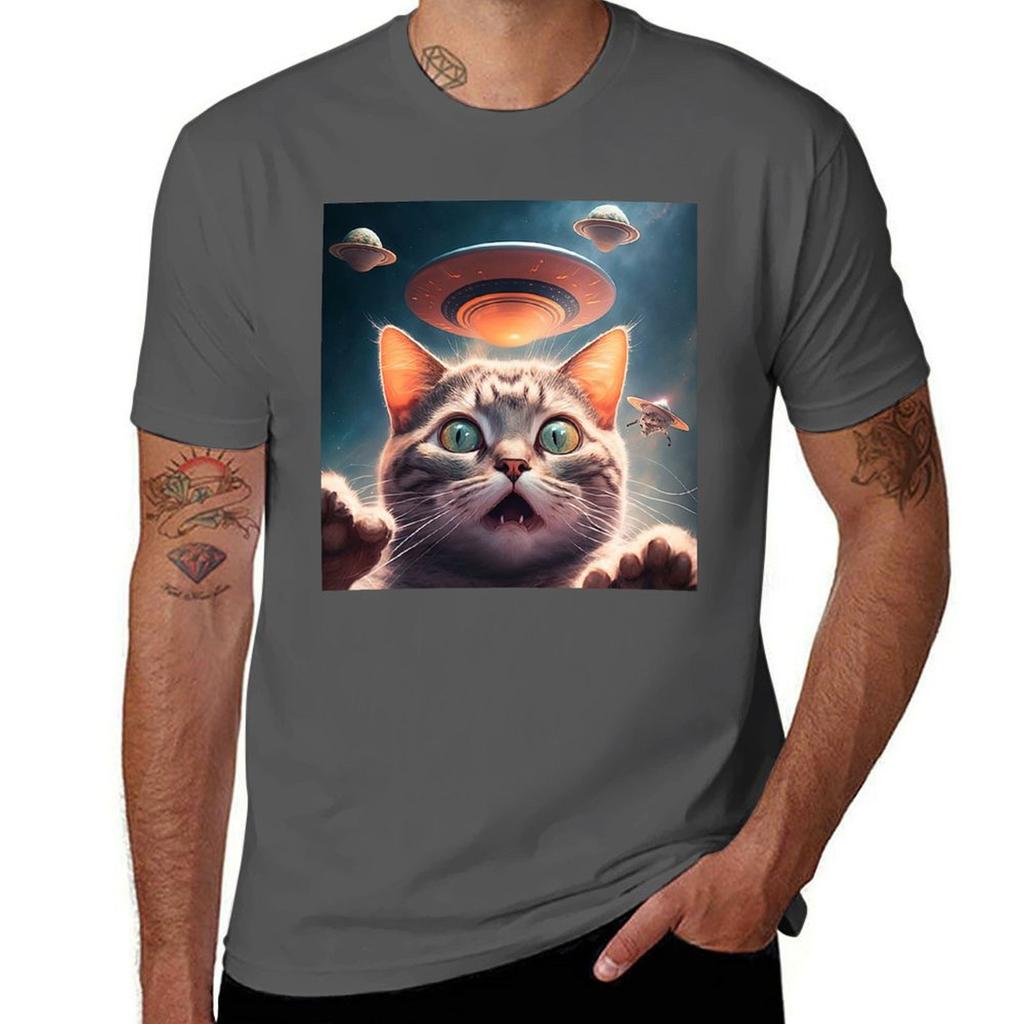 Cute Cat Face Funny Cat Taking A Selfie With Ufo Multicolored Drawing Painting Tshirt Sporty Breathable Short Sleeve Tshirt