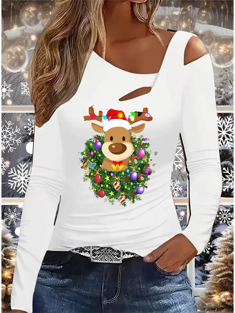 Autumn & Winter Women's New Casual  Long Sleeve Top  Christmas Pattern Ideal Halloween Christmas Gift T Shirt