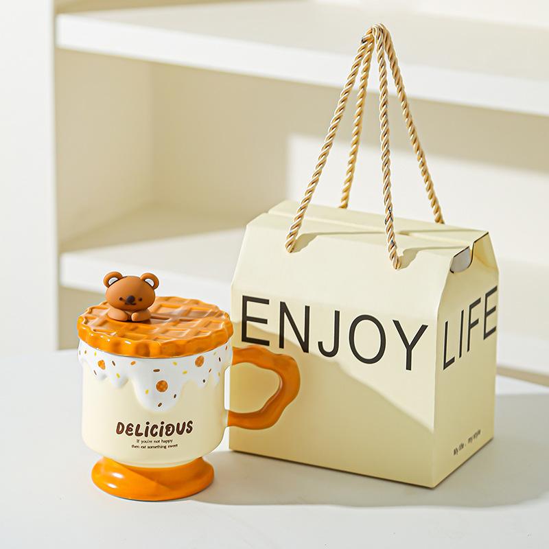 Tecknad Söt Björn Kakor Keramisk Mugg med Lock Högt Värde Kontors Vattenkopp Souvenirgåva Mugg