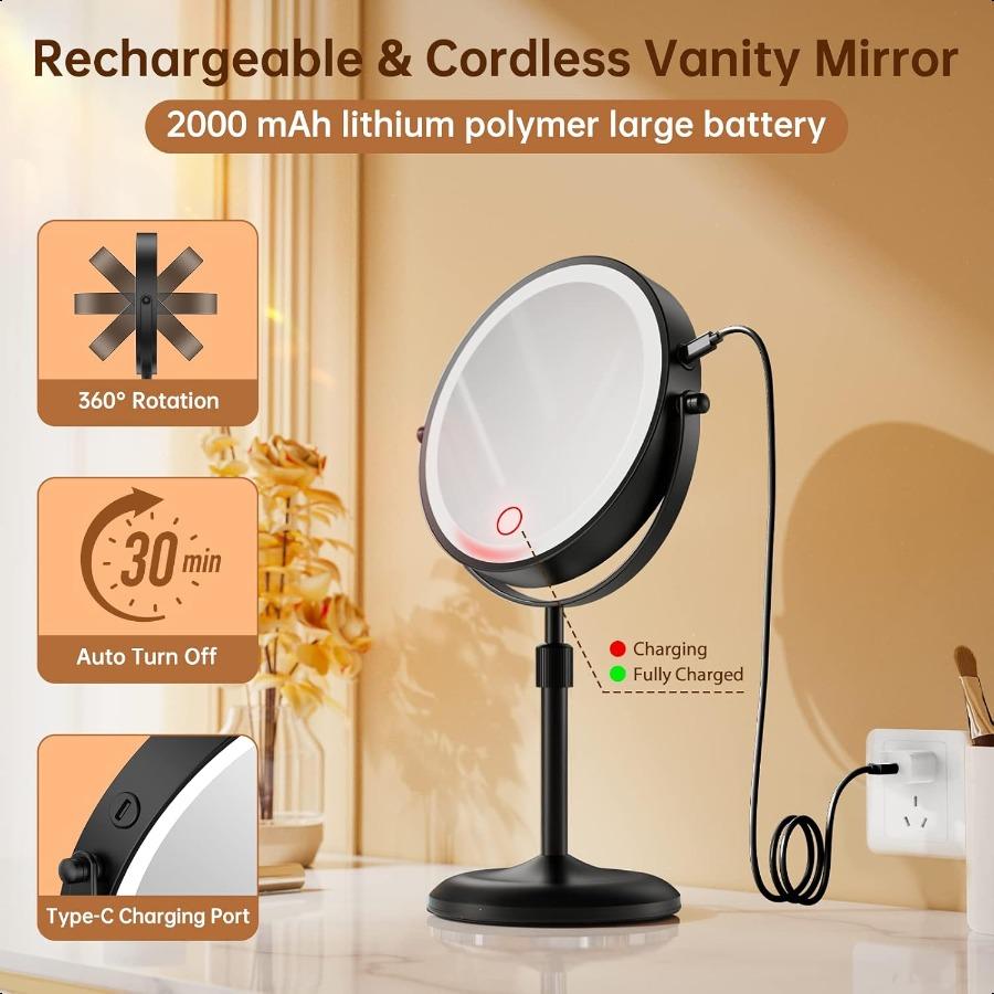 7 Lighted Makeup Mirror with Magnification 10X 1X Height Adjustable 3 Color Dimmable Lights 360 Swivel Double Sided Light Up Re