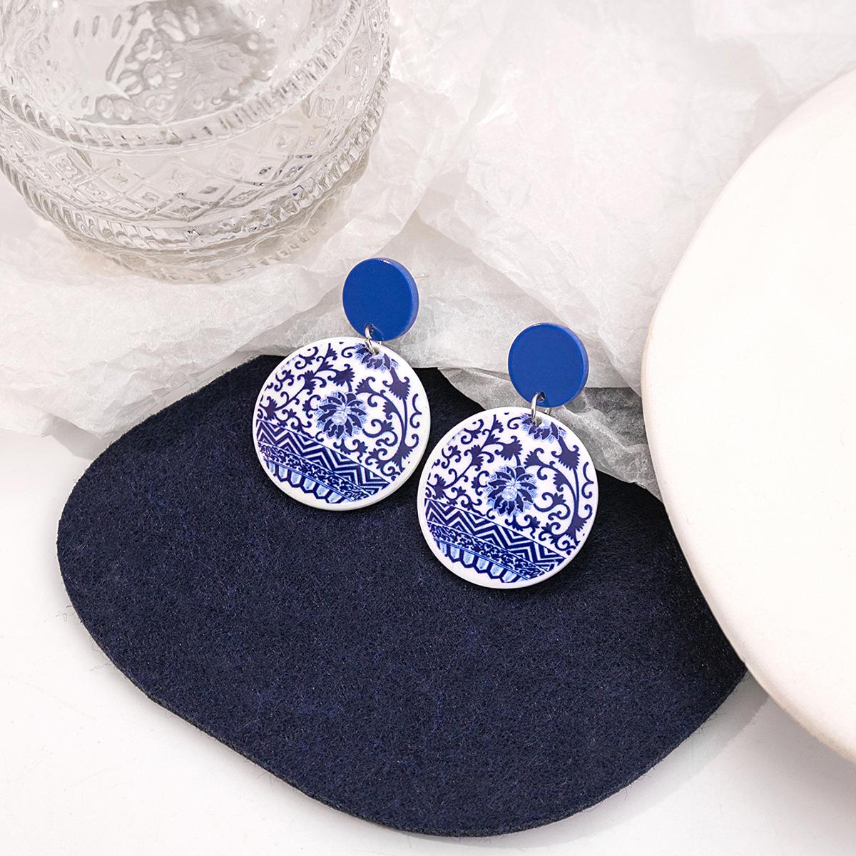 Chinese Style Blue And White Porcelain Fragments Earrings, Retro Acrylic Blue Earrings, Elegant Geometric Earrings For Women