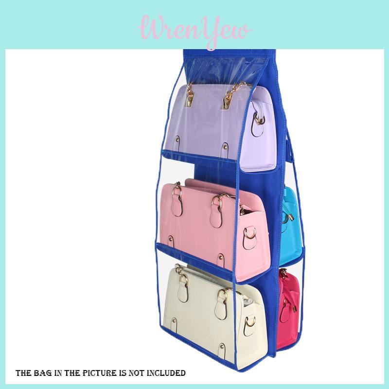 Stylish 6 Pockets Clear Hanging Purse Handbag Tote Bag Storage Organizer For Wardrobe