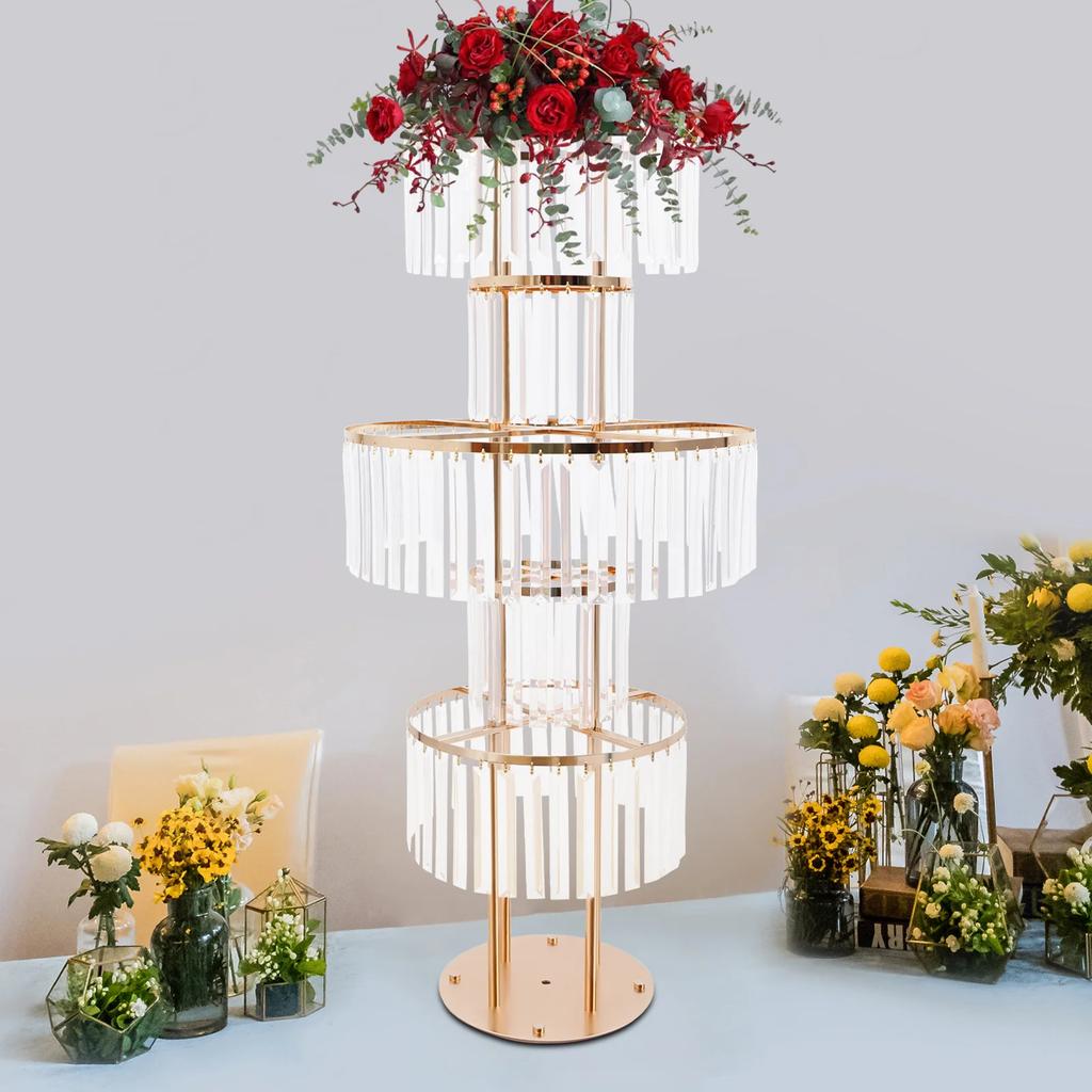 5-Tier Gold Crystal Flower Stand for Wedding Decor, Elegant Acrylic Iron Flower Holder, Modern Tabletop Display Rack for Party