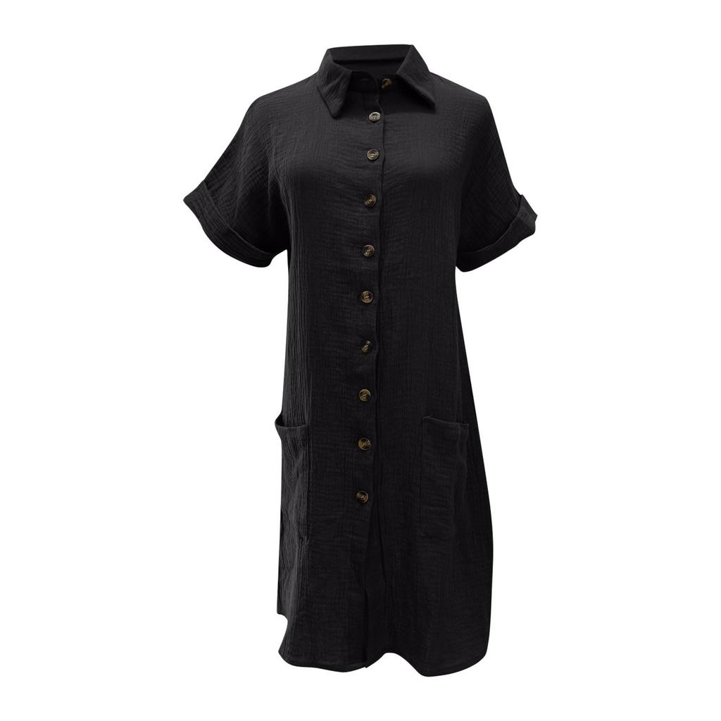Women's Summer Cotton Shirt Dress Short Sleeves Button Down Knee Length Dresses Casual Loose Mini Dress with Pockets