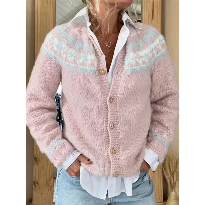 Womens Color Block Knit Cardigan Loose Fit Long Sleeve Geometric Casual Commute Style